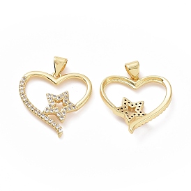 Brass Micro Pave Clear Cubic Zirconia Pendants, Heart with Star Charms