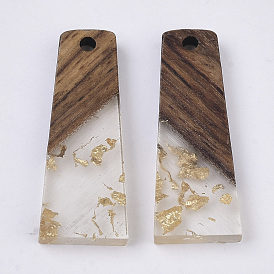Transparent Resin & Walnut Wood Pendants, with Foil, Waxed, Trapezoid
