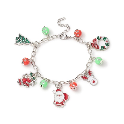 Christmas Tree & Santa Claus Alloy Enamel & Acrylic Charm Bracelet, Iron Jewelry for Women