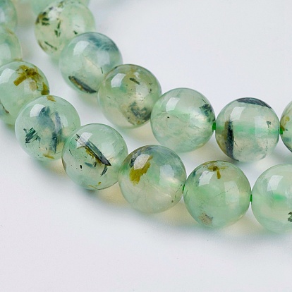 Perles naturelles préhnite brins, ronde, vert pale, Trou: 1mm