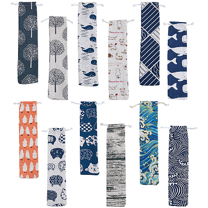 12шт. 12 модели прямоугольных хлопковых льняных мешочков с принтом и завязками, для палочек для еды