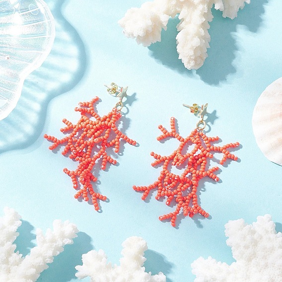 Звезда с коралловыми бусинами ручной работы из стекла серьги-гвоздики с кисточками, с 304 серьгами из нержавеющей стали, золотые