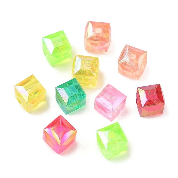 Plating Transparent Acrylic Beads, Iridescent, Cube, Faceted