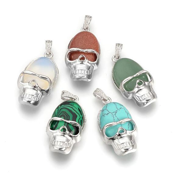 Gemstone Pendants, with Alloy Findings, Skull, Platinum