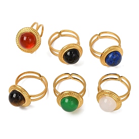 Round Natural Gemstone Finger Rings, Golden Tone 304 Stainless Steel Cuff Rings for Women