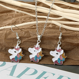Colorful Sparkling Unicorn Jewelry Set with Earrings and Necklace Pendant