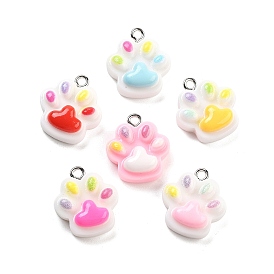 Opaque Resin Pendants, Paw Print Charms with Platinum Tone Iron Loops