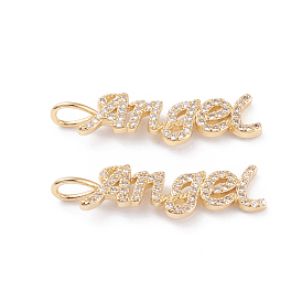 Brass Micro Pave Clear Cubic Zirconia Pendants, Long-Lasting Plated, Word Angel