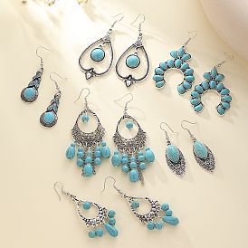 Hollow carved ethnic style earrings women's geometric turquoise retro earrings Bohemian style earrings