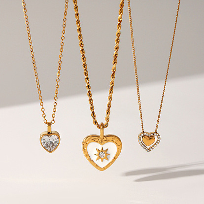 Valentine's Day 304 Stainless Steel Pave Clear Cubic Zirconia Heart Pendant Necklaces for Women