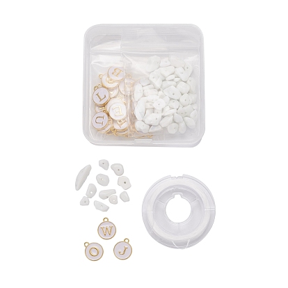 26Pcs Flat Round Initial Letter A~Z Alphabet Enamel Charms, 20G Natural Porcelain Chip Beads and Elastic Thread, for DIY Jewelry Making Kits