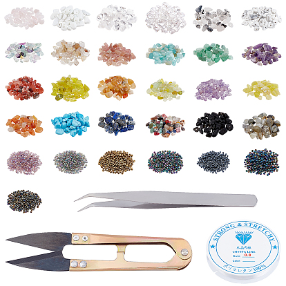 DIY Stretch Bracelets Making Kits, Including 240g Gemstone Beads, 70g Glass Seed Beads, 1Pc 304 Stainless Steel Tweezers, 2 Rolls Elastic Crystal Thread and 1Pc Steel Scissors