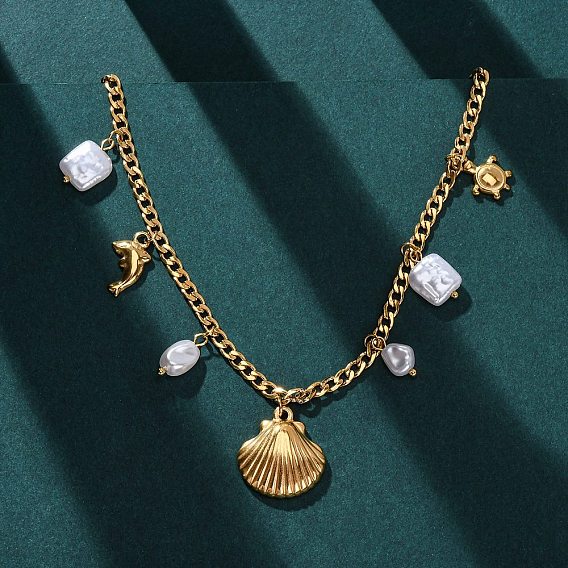 304 Женские подвески в форме дельфина и черепахи из нержавеющей стали, с пластиковыми бусинами под искусственный жемчуг, ионное покрытие (ip)