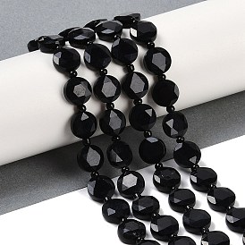 Natural Black Onyx(Dyed & Heated) Beads Strands, Faceted Pentagonal Cut, Flat Round, with Seed Beads