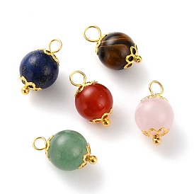 Natural Lapis Lazuli & Red Agate & Green Aventurine & Rose Quartz & Tiger Eye Pendants, with Iron Bead Caps and Brass Ball Head Pins Findings, Round, Golden