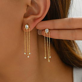 Boucles d'oreilles à pampilles élégantes en argent sterling 925, avec de la zircone cubique clair, charme de chaîne