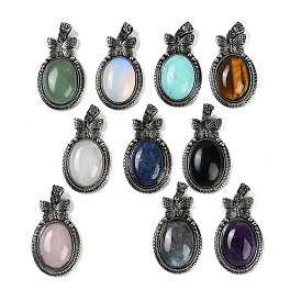 Gemstone Pendants, Butterfly Oval Charms, with Antique Silver Tone Alloy Findings, Cadmium Free & Lead Free