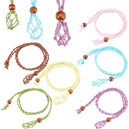 6Pcs 6 Colors Adjustable Braided Waxed Cord Macrame Pouch Necklace Making, Interchangeable Stone, with Wood Beads