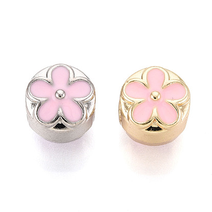 Эмали сплава Европейский бисером, плоские круглые с цветком, бусины с большим отверстием, без свинца, без никеля и без кадмия, стойки покрытие