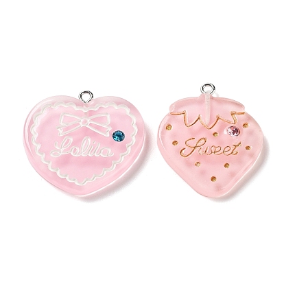 Translucent Resin Rhinestone Pendants, with Platinum Plated Iron Loops, Heart & Strawberry, Mixed Shapes