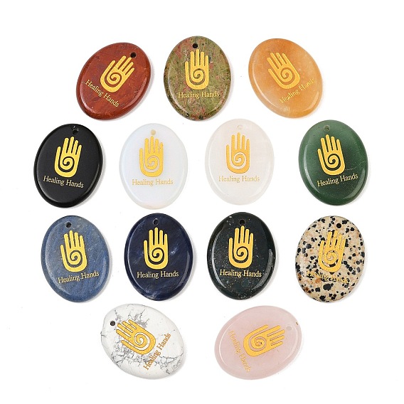Natural Mixed Stone Pendants, Flat Oval Healing Stone Charms with Engraved Gold Hamsa Hand Pattern