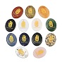 Natural Mixed Stone Pendants, Flat Oval Healing Stone Charms with Engraved Gold Hamsa Hand Pattern