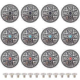 12 наборы 3 цвета цинковый сплав декоративные заклепки, с синтетической бирюзой и железными винтами, для кошелька, , украшение кожаных ремесел, плоско-круглые