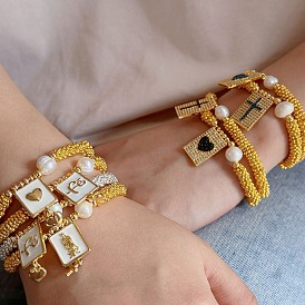 Прямоугольные браслеты с подвесками из латуни в стиле бохо, круглые бусины эластичные браслеты для женщин, с жемчугом и эмалью, золотые