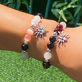 2Pcs 2 Colors Glass Beaded Bracelets Set, Stackable Bracelets with Spider Charms for Halloween