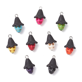 Dyed Synthetic Turquoise Pendants, Skyll Charms with Frosted Acrylic Flower Hat, with Iron Loops, Platinum