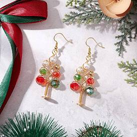 Латунь бисер мотаться серьги, с имитацией жемчужины из ракушки, Рождественские елки