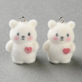 Pendentifs en résine opaque floqués, ours avec breloque coeur, avec boucle en fer platine