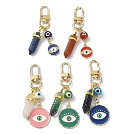 Flat Round with Evil Eye Alloy Enamel & Gemstone Bullet Pendant Decorations, Swivel Clasps Charms for Bag Decoration