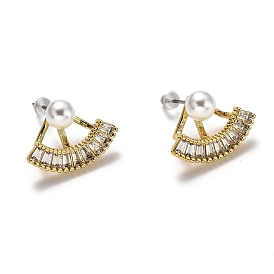 Brass Micro Pave Clear Cubic Zirconia Front Back Stud Earrings, with Acrylic Imitation Pearl and Ear Nuts, Fan, White
