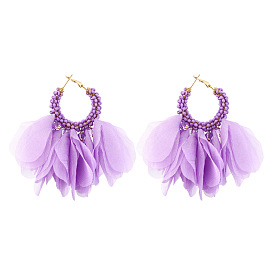 Purple Floral Earrings - Bohemian Handmade Beaded Ear Cuff with European Vacation Vibe.