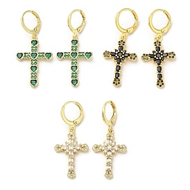 Cross Real 18K Gold Plated Brass Dangle Leverback Earrings, with Cubic Zirconia and Glass