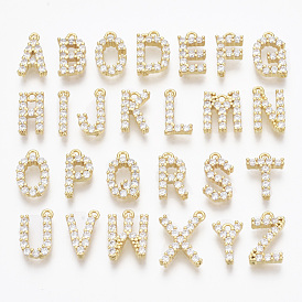 Brass Micro Pave Cubic Zirconia Charms, Nickel Free, Alphabet, Clear, Real 18K Gold Plated, Letter A~Z