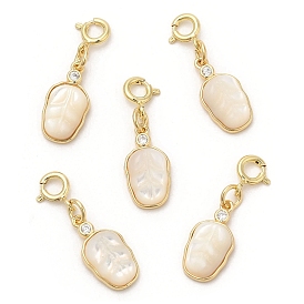 Natural White Shell Leaf Pendant Decorations, with Brass Micro Pave Cubic Zirconia and Spring Ring Clasps
