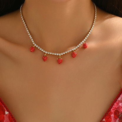 Латунная прозрачная кубическая циркония теннисная цепочка 5 подвеска в виде клубники ожерелья-нагрудники для женщин, идеально подходит для отпуска, золотые