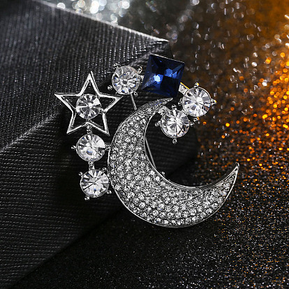 Rhinestone Crescent Moon & Star Lapel Pin, Platinum Plated Alloy Badge for Backpack Clothes