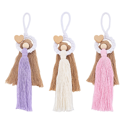 3 шт 3 цвета ручная работа макраме хлопок ангел подвесные украшения, с деревянных бусин