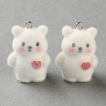 Pendentifs en résine opaque floqués, ours avec breloque coeur, avec boucle en fer platine