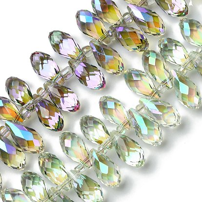 Прозрачные стеклянные бусины гальваническим пряди, с половиным покрытием цвета радуги, граненые, слеза