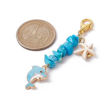 Dolphin Alloy Enamel Pendant Decorations, with Synthetic Turquoise Chip Beads and Alloy Lobster Claw Clasps