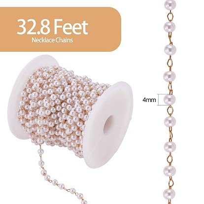 Plastic Imitation Pearl Beaded Chain, with Gold Plated Brass Cable Chains, Soldered, with Spool, for Jewelry Making