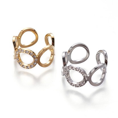 304 Stainless Steel Cuff Rings, Open Rings, with Rhinestone