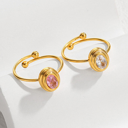 Adjustable 304 Stainless Steel Rhinestone Cuff Open Rings, Oval, Wide Band Rings, Golden