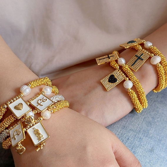 Прямоугольные браслеты с подвесками из латуни в стиле бохо, круглые бусины эластичные браслеты для женщин, с жемчугом и эмалью, золотые