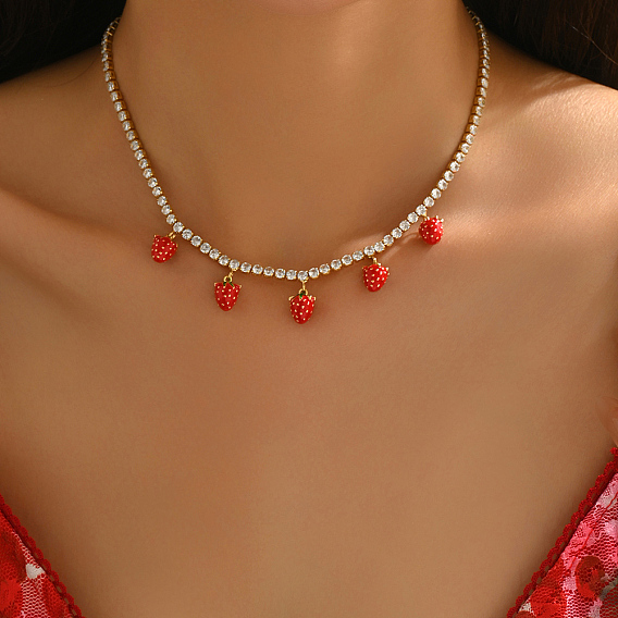 Латунная прозрачная кубическая циркония теннисная цепочка 5 подвеска в виде клубники ожерелья-нагрудники для женщин, идеально подходит для отпуска, золотые