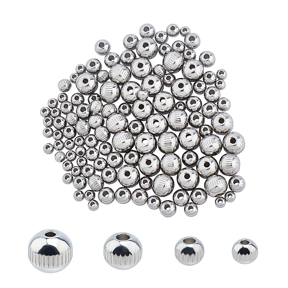 304 Stainless Steel Beads, Round with Vertical Stripes